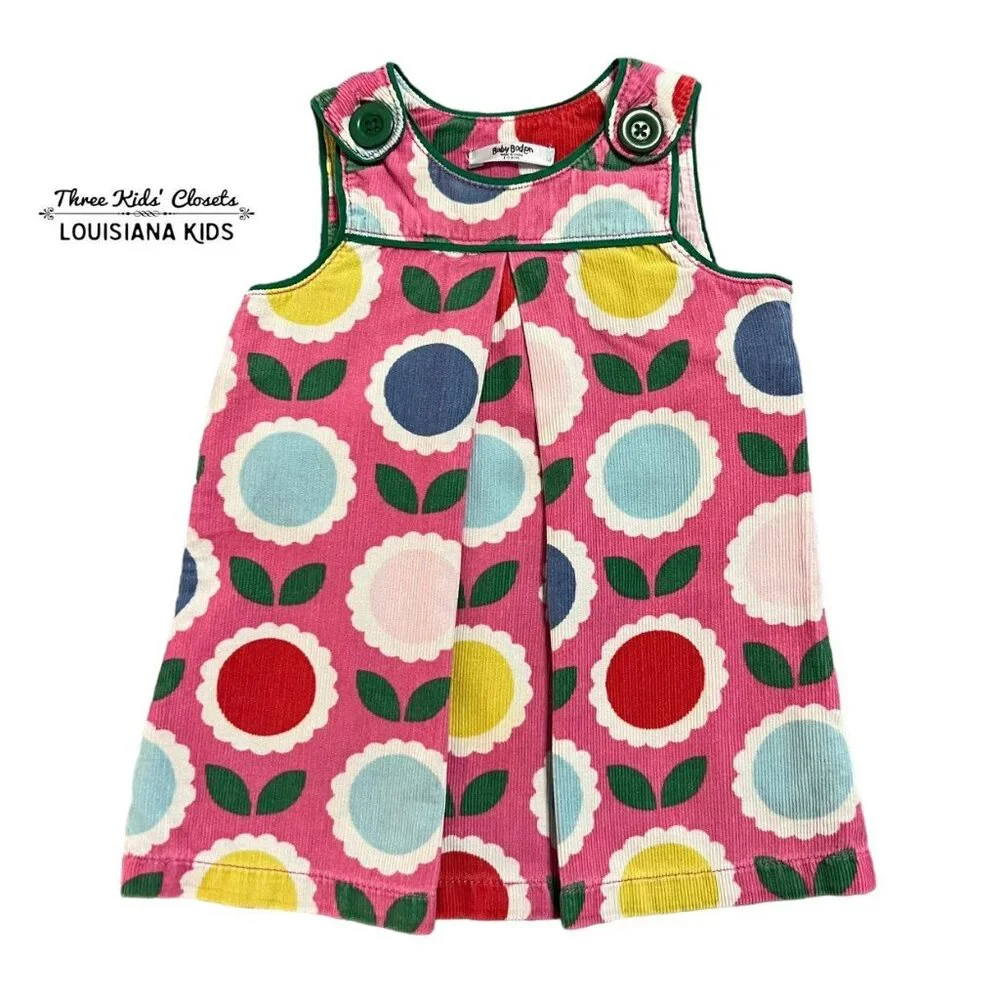 Baby Boden 6-12m Pink Retro Floral Corduroy Pinnie Dress